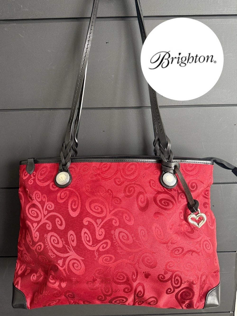 Brighton Retired Red Evelyn/Melvin Jacquard Tote with Heart Charm and Black Trim